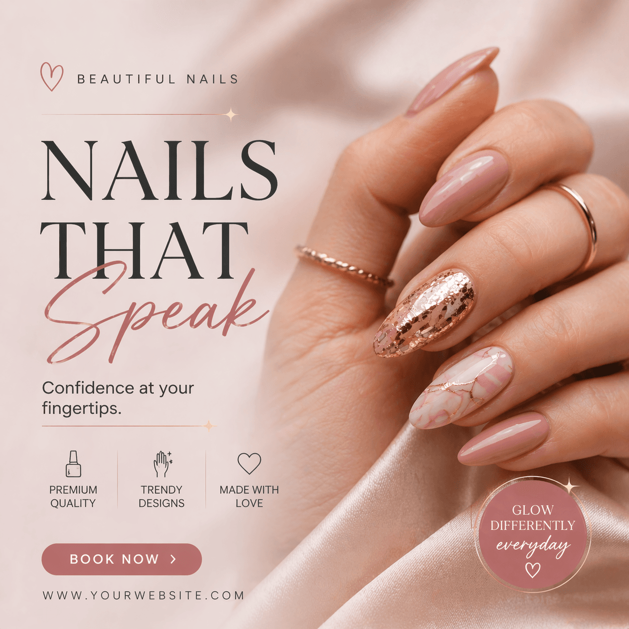 Glazed nude almond nails with shimmer accents