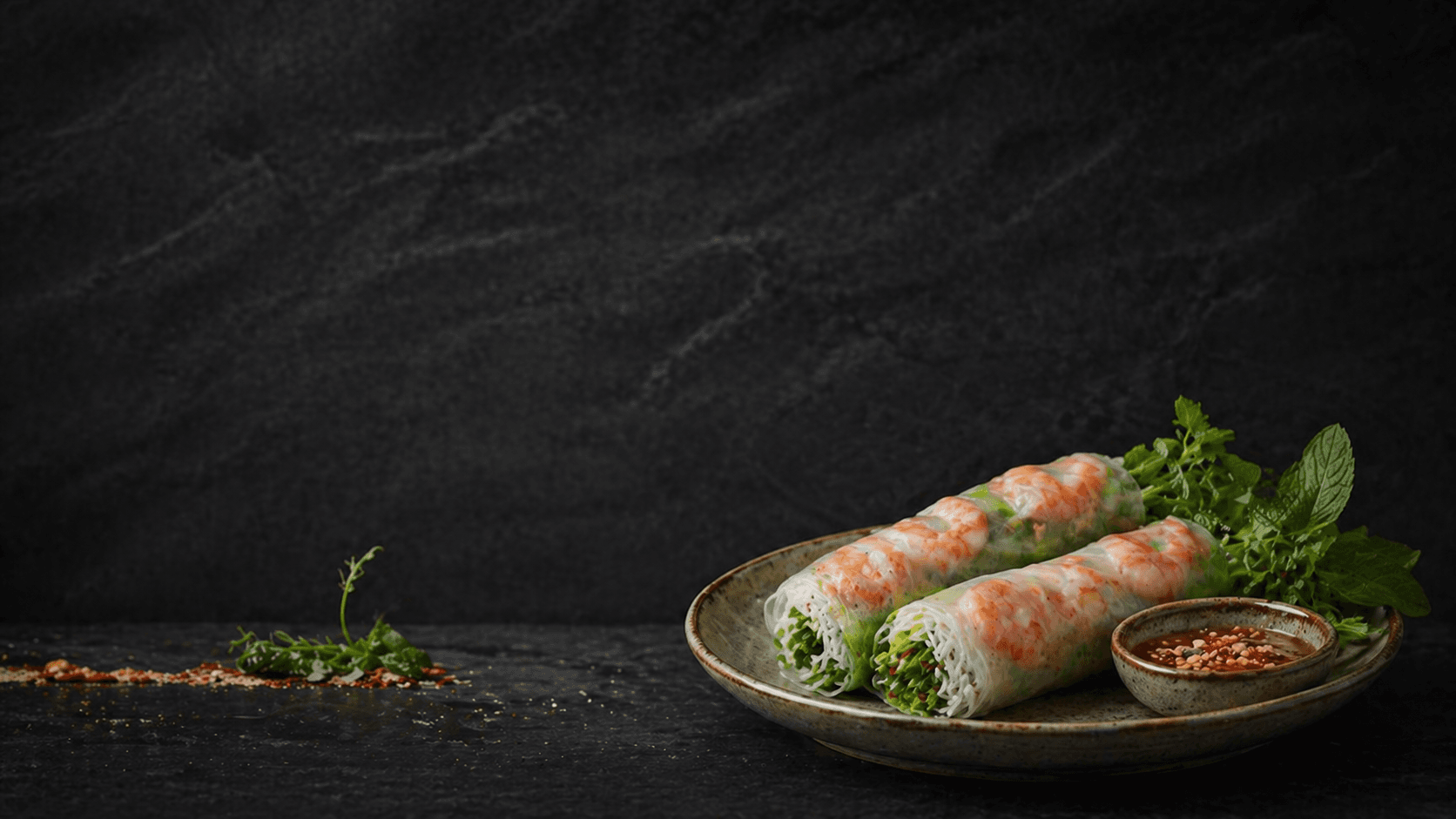 Restaurant Business 02 dark fine-dining hero with Vietnamese spring rolls, black navigation, and centered editorial copy