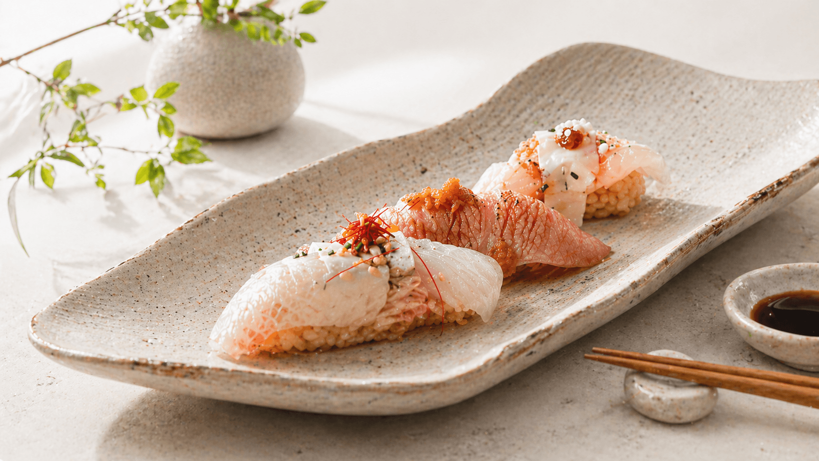 Restaurant Business 04 premium Japanese sushi hero with a white navigation bar and minimal editorial layout